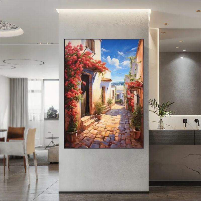 Oil painting of a sunlit Mediterranean alleyway with whitewashed buildings, a wooden balcony, and cascading red and pink bougainvillea flowers under a blue sky.