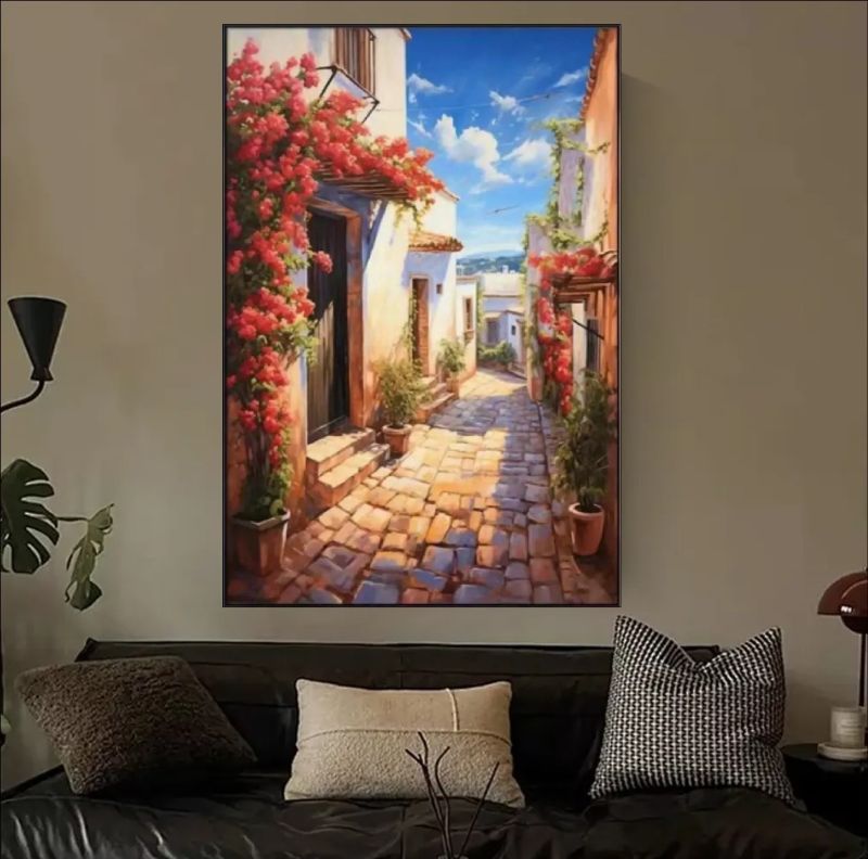 Oil painting of a sunlit Mediterranean alleyway with whitewashed buildings, a wooden balcony, and cascading red and pink bougainvillea flowers under a blue sky.
