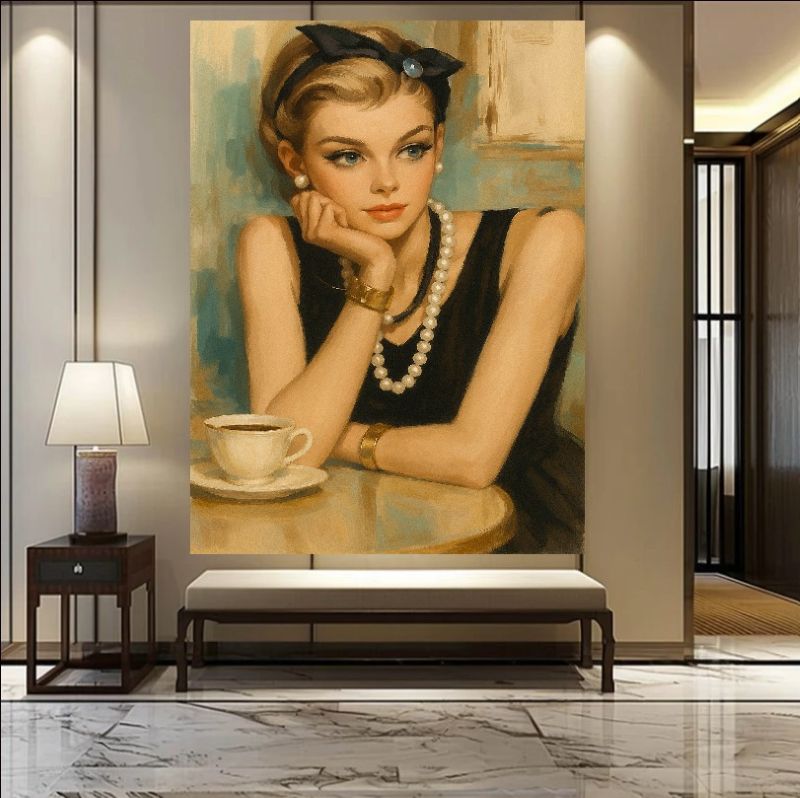 Vintage style portrait painting of an elegant woman in a black dress and pearls drinking coffee, retro glamour wall art.