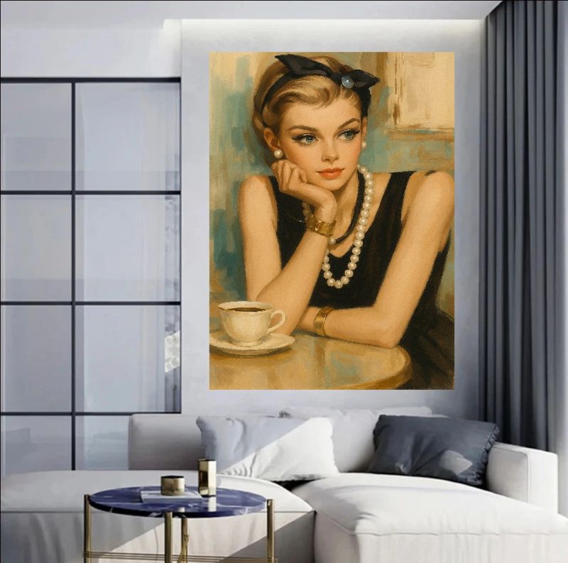 Vintage style portrait painting of an elegant woman in a black dress and pearls drinking coffee, retro glamour wall art.