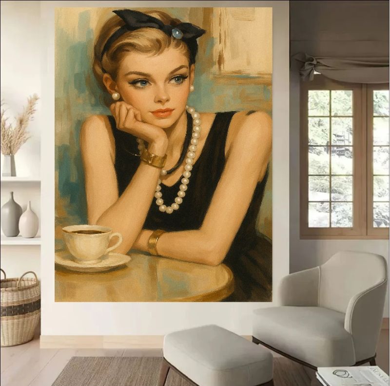 Vintage style portrait painting of an elegant woman in a black dress and pearls drinking coffee, retro glamour wall art.