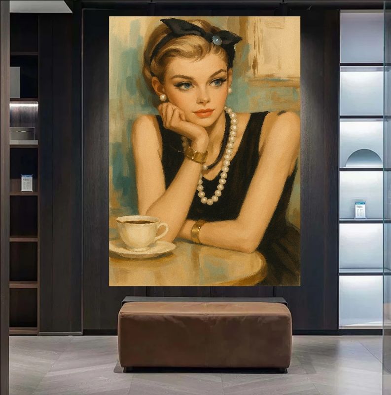 Vintage style portrait painting of an elegant woman in a black dress and pearls drinking coffee, retro glamour wall art.