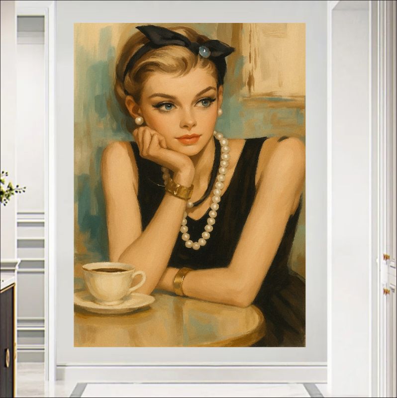 Vintage style portrait painting of an elegant woman in a black dress and pearls drinking coffee, retro glamour wall art.