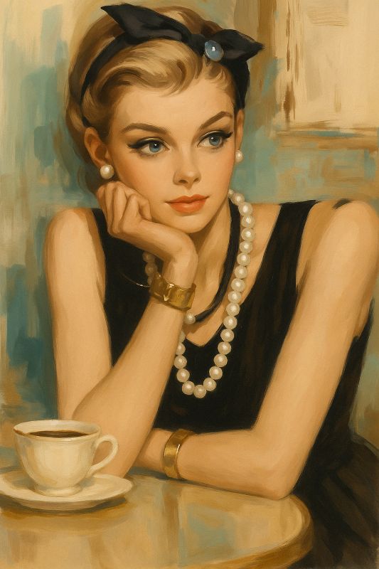 Vintage style portrait painting of an elegant woman in a black dress and pearls drinking coffee, retro glamour wall art.