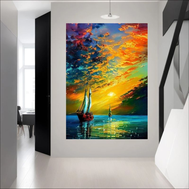 Modern living room with a large abstract painting of a sailboat on a wall.