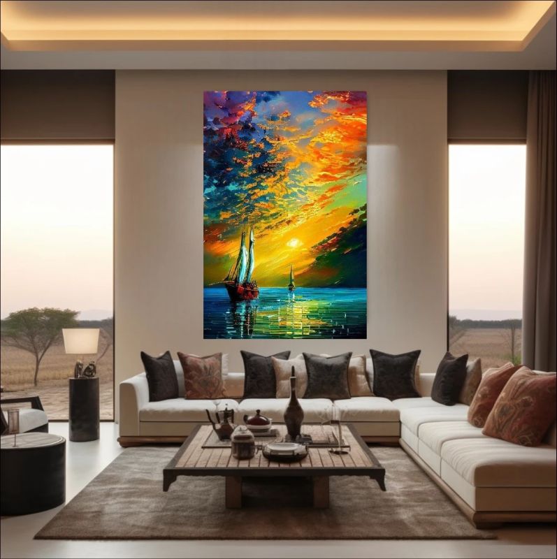 Modern living room with a large abstract painting of a sailboat on a wall.