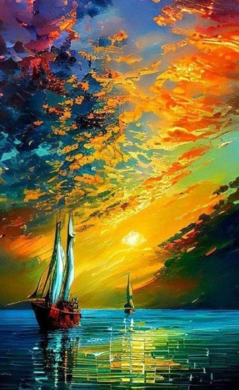 Vivid Horizons: Sailboats in a Sea of Color