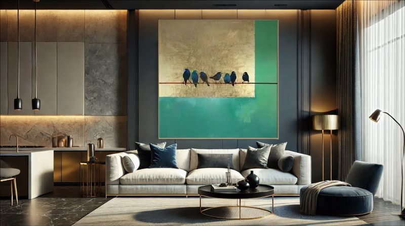 Minimalist painting of small blue birds perched on a thin wire against a background of textured gold leaf and deep teal green blocks.