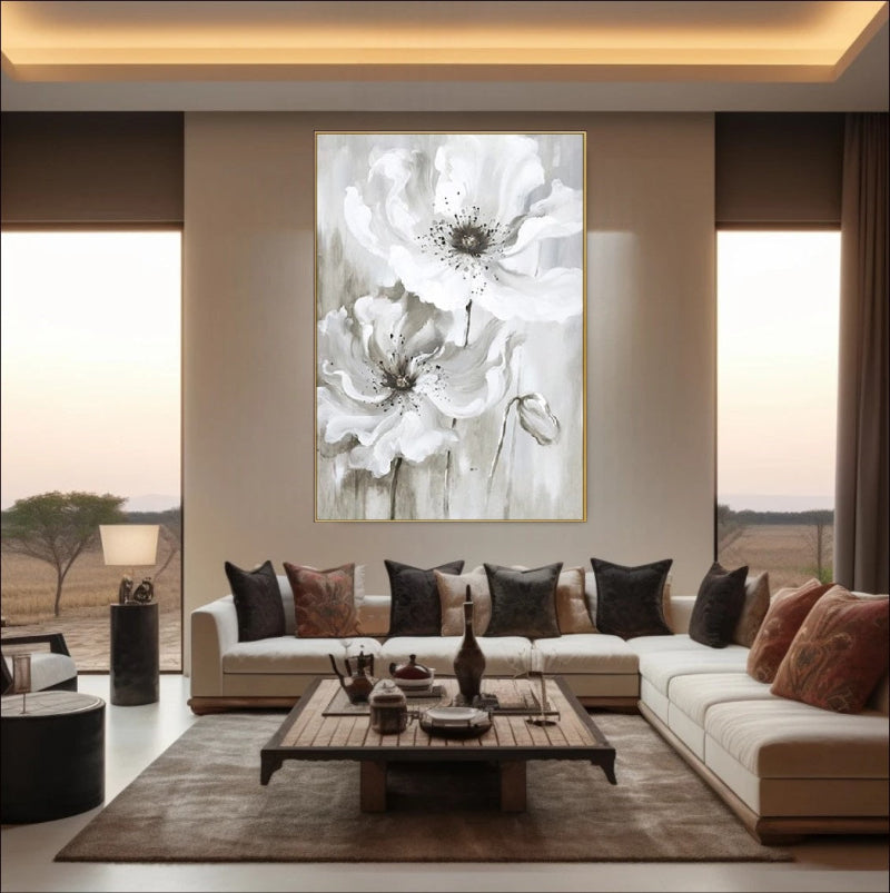 Delicate white floral artwork in soft neutrals – available as a handmade painting or fine art print, perfect for modern and peaceful home interiors.