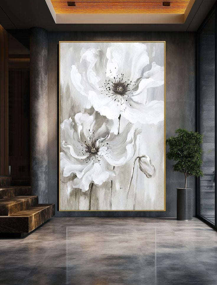 Artistic depiction of white flowers with a grayish background