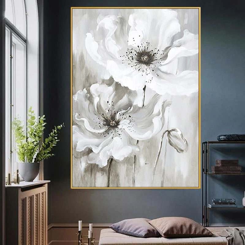 Artistic depiction of white flowers with a grayish background