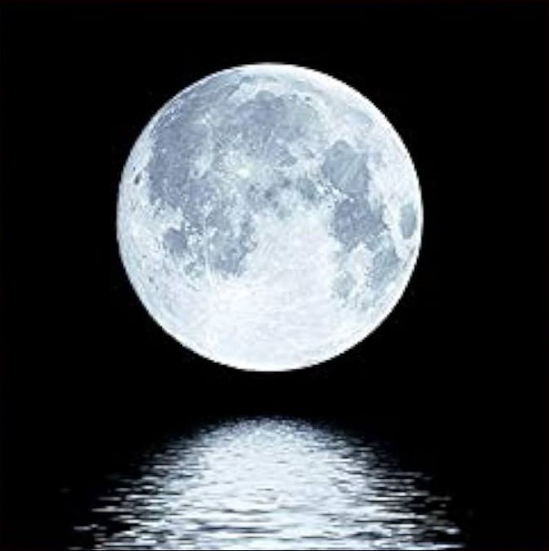 Realistic painting of a bright white full moon reflecting on dark rippling water against a pitch-black background, serene night landscape art.