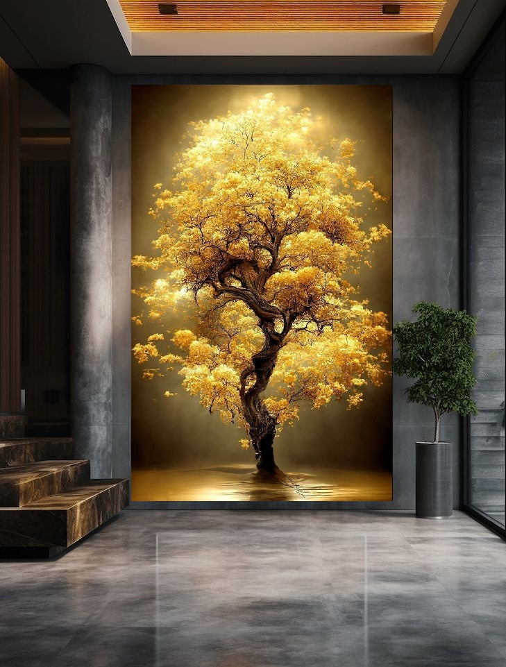 Majestic Tree of Life painting featuring a glowing golden canopy and twisted trunk against a dark moody background, luxury nature wall art.