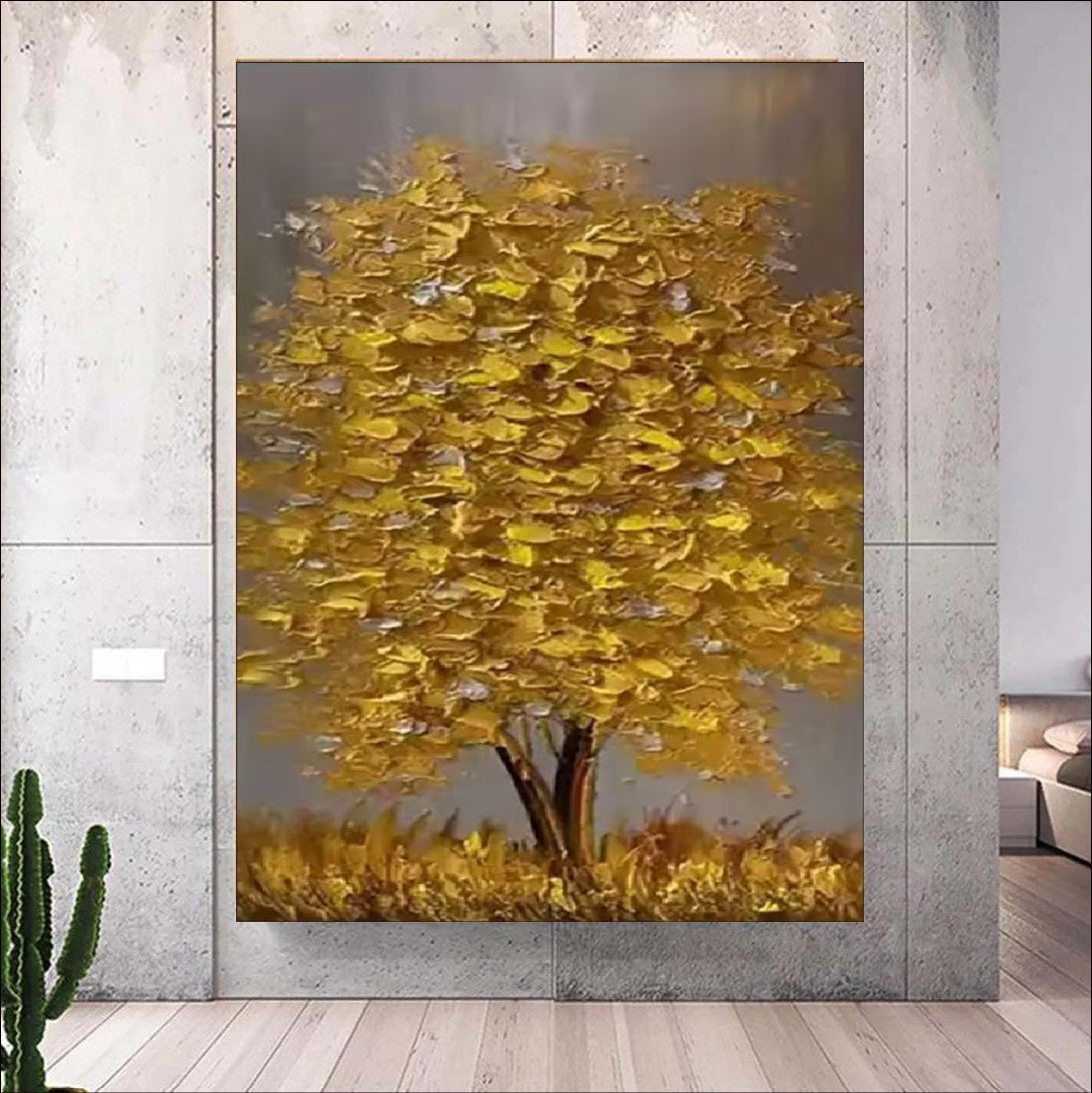 Abstract golden tree painting with thick textured leaves – available as handmade canvas or fine art print for modern and luxury interior decor.