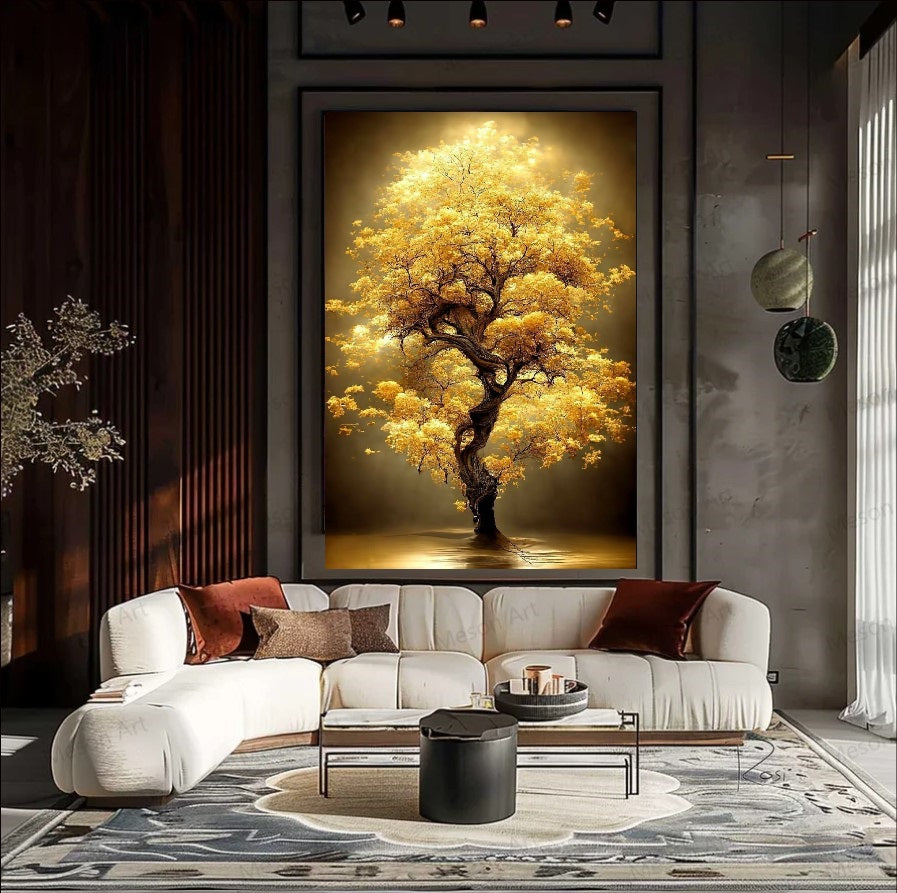 Majestic Tree of Life painting featuring a glowing golden canopy and twisted trunk against a dark moody background, luxury nature wall art.