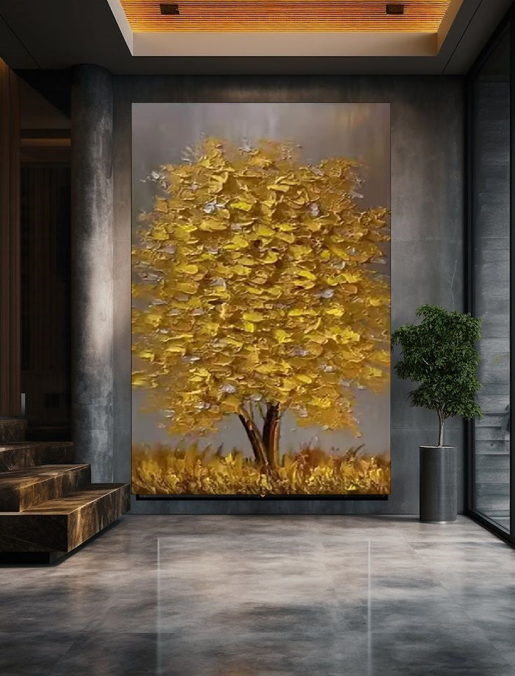 Abstract golden tree painting with thick textured leaves – available as handmade canvas or fine art print for modern and luxury interior decor.