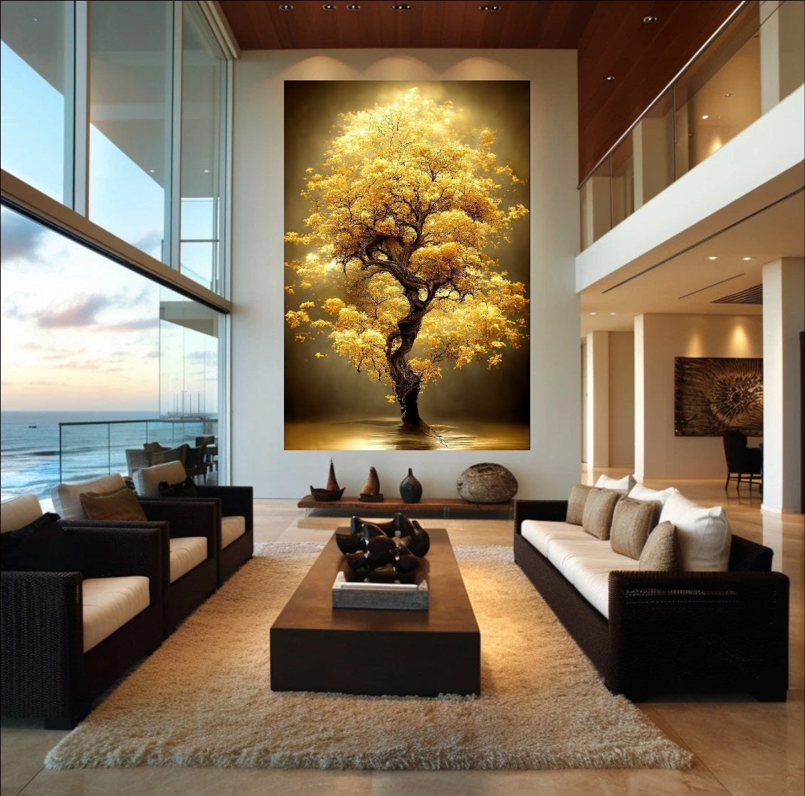 Majestic Tree of Life painting featuring a glowing golden canopy and twisted trunk against a dark moody background, luxury nature wall art.