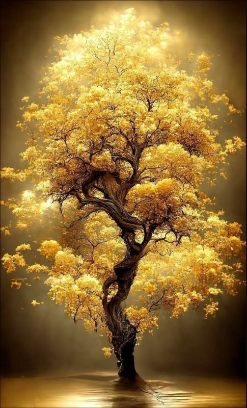 Majestic Tree of Life painting featuring a glowing golden canopy and twisted trunk against a dark moody background, luxury nature wall art.