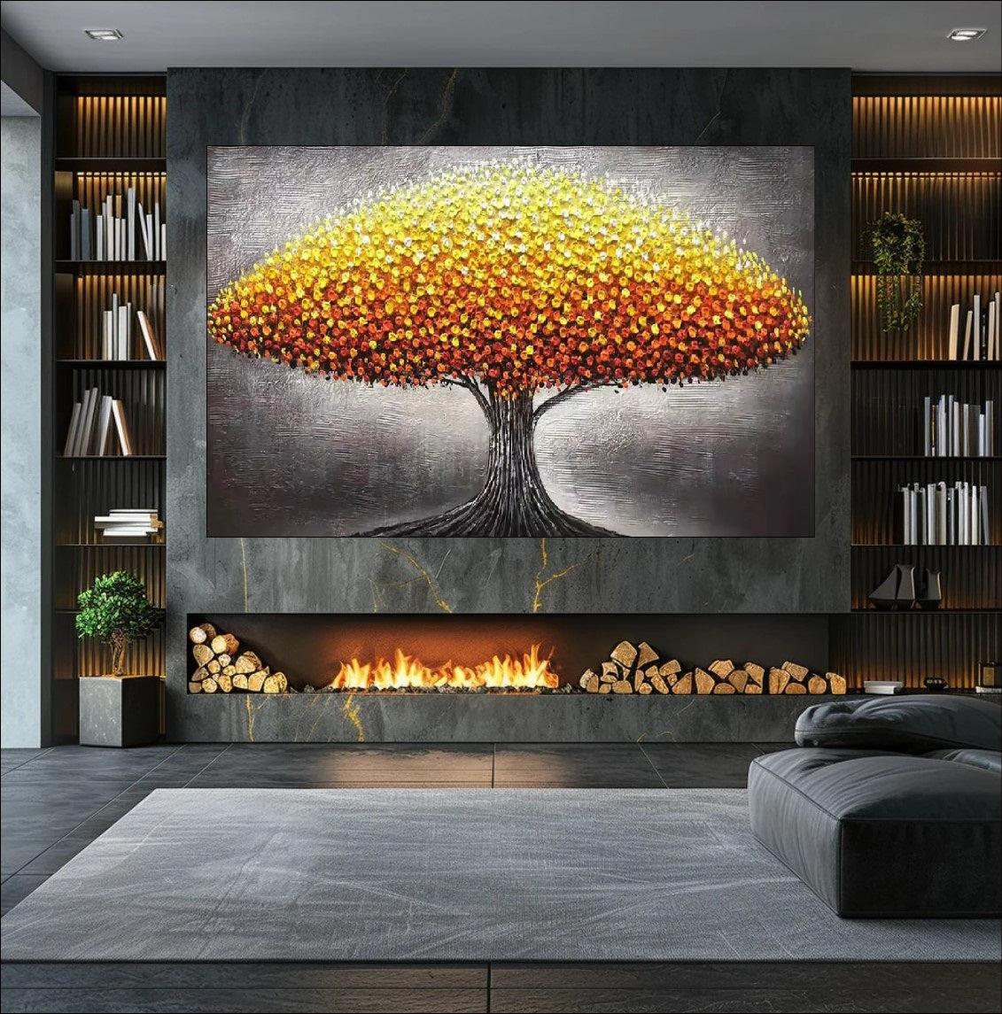 Vibrant abstract tree wall art with red, orange, and yellow flowers – available as handmade textured canvas or fine art print for bold modern interiors.