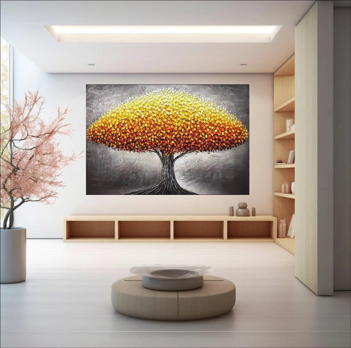 Vibrant abstract tree wall art with red, orange, and yellow flowers – available as handmade textured canvas or fine art print for bold modern interiors.