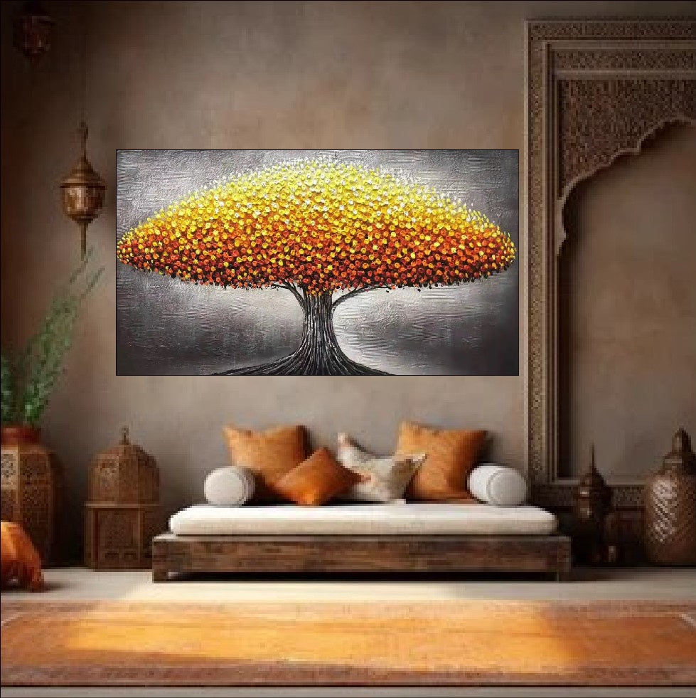 Vibrant abstract tree wall art with red, orange, and yellow flowers – available as handmade textured canvas or fine art print for bold modern interiors.