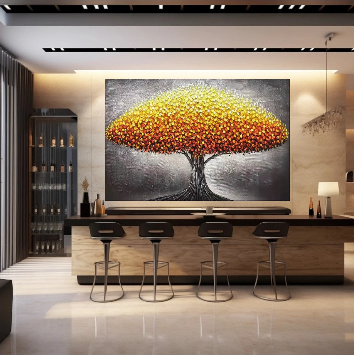 Vibrant abstract tree wall art with red, orange, and yellow flowers – available as handmade textured canvas or fine art print for bold modern interiors.