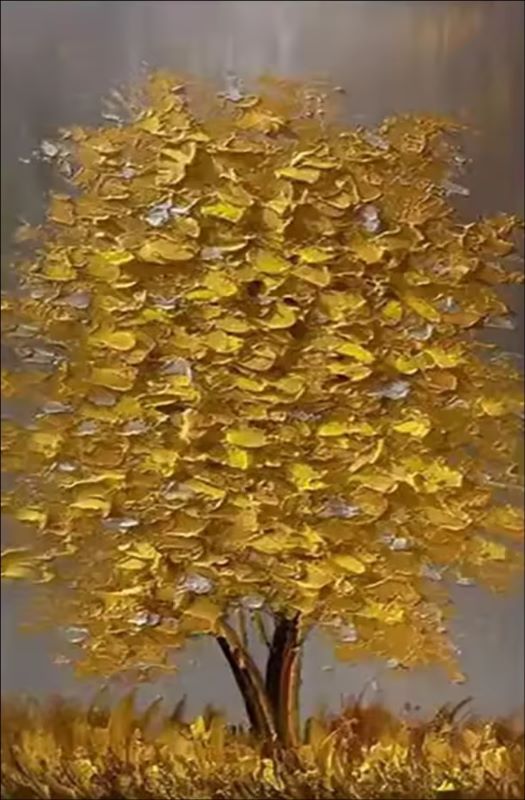 Abstract golden tree painting with thick textured leaves – available as handmade canvas or fine art print for modern and luxury interior decor.