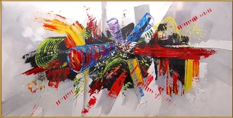 Wide abstract painting featuring a central explosion of bold red, yellow, blue, and green strokes against a white background, modern panoramic wall art style.
