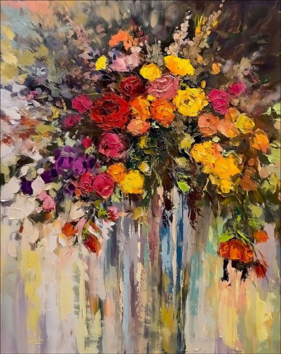 A vibrant abstract painting of a bouquet