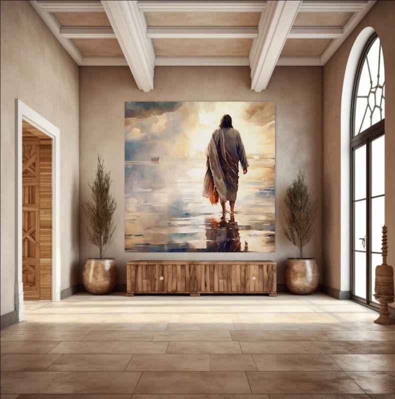 Impressionist painting of Jesus walking on calm water towards a golden horizon with reflections, spiritual Christian wall art.